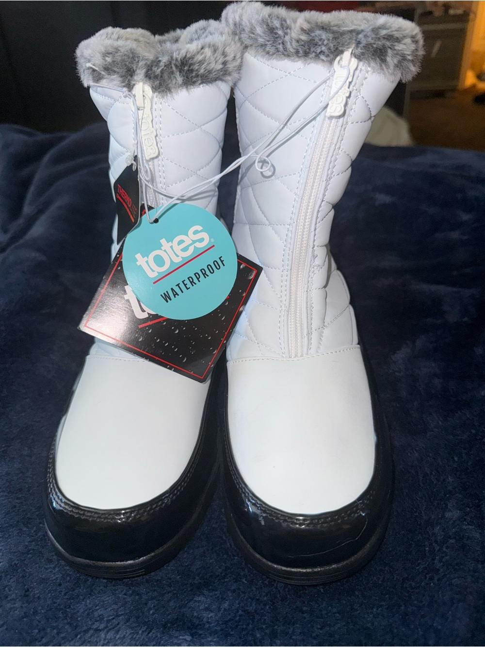 totes White Quilted Waterproof Winter Boots with Gray Faux Fur Trim